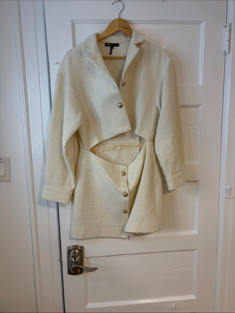 Maje Cream Cropped Cutout Blazer with Button-Front Skirt Detail
